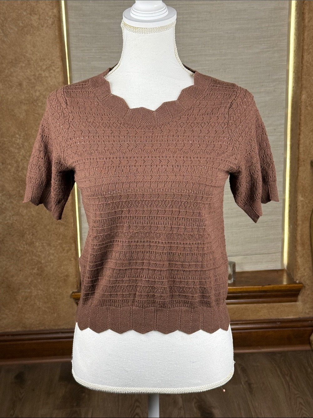 Knit Mix Hollow Out Scallop Trim Knit Sweater